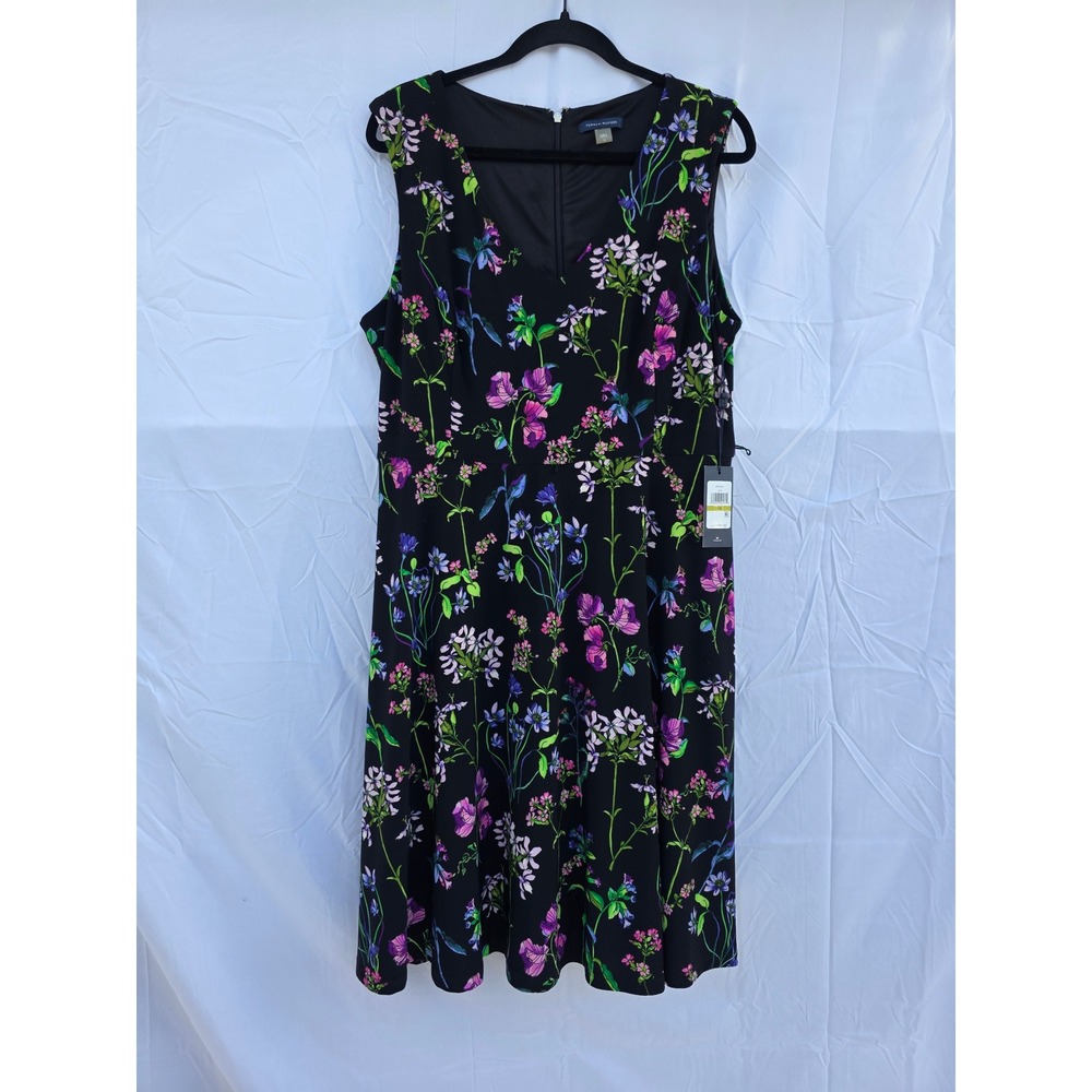Tommy Hilfiger Floral V-Neck Fit and Flare Dress Black Purple Pink Womens 14 NWT